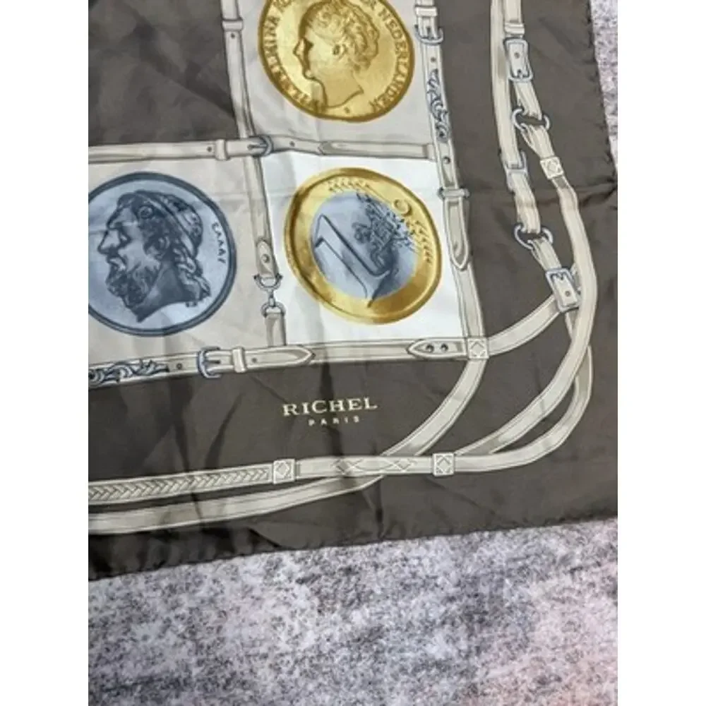 VTG Richel Paris Silk Scarf Brown European Coin Money Belt Buckle 33” Square
